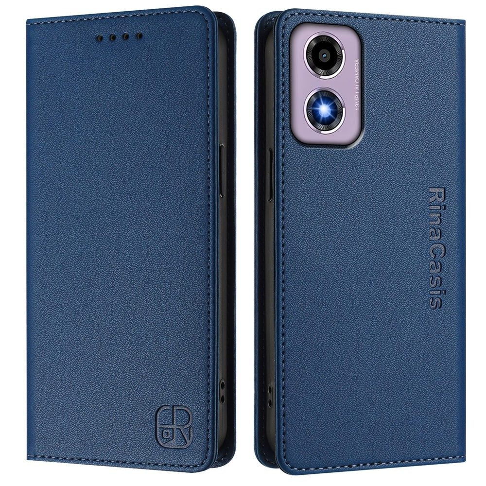 Motorola Moto E14 Dual-Folded Magnetic Suction RFID Blocking PU Leather Wallet Phone Case with Card Slots, Cash Pocket, Kickstand, Full Protective Flip Cover