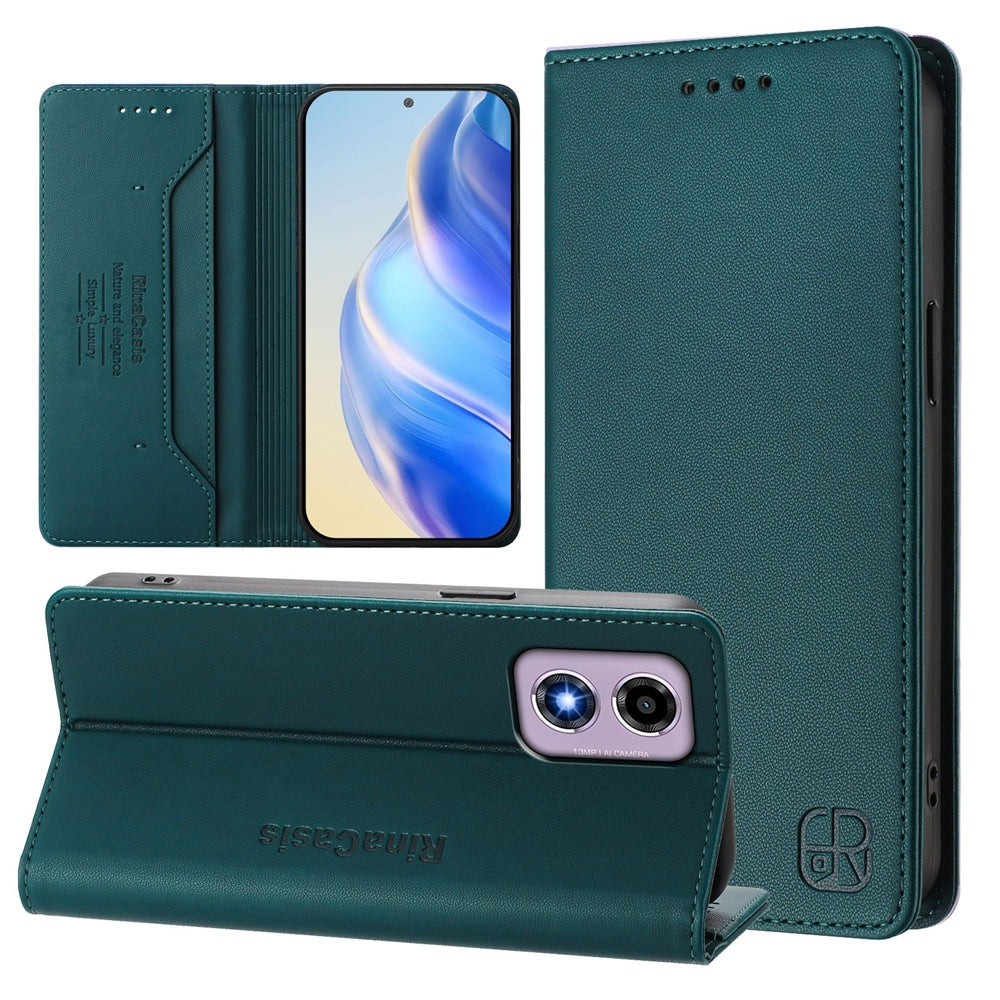 Motorola Moto G24 Dual-Folded Magnetic Suction RFID Blocking PU Leather Wallet Phone Case with Card Slots, Cash Pocket, Kickstand, Full Protective Flip Cover
