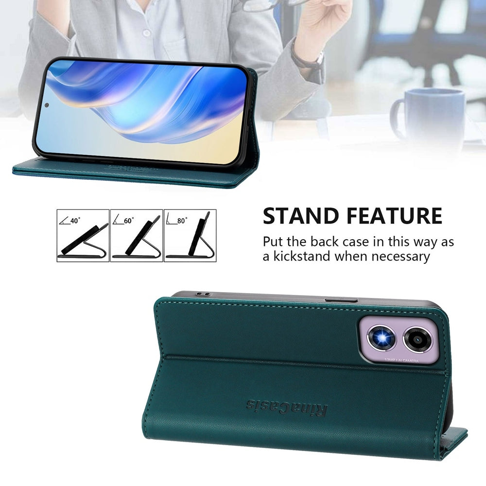 Motorola Moto E14 Dual-Folded Magnetic Suction RFID Blocking PU Leather Wallet Phone Case with Card Slots, Cash Pocket, Kickstand, Full Protective Flip Cover