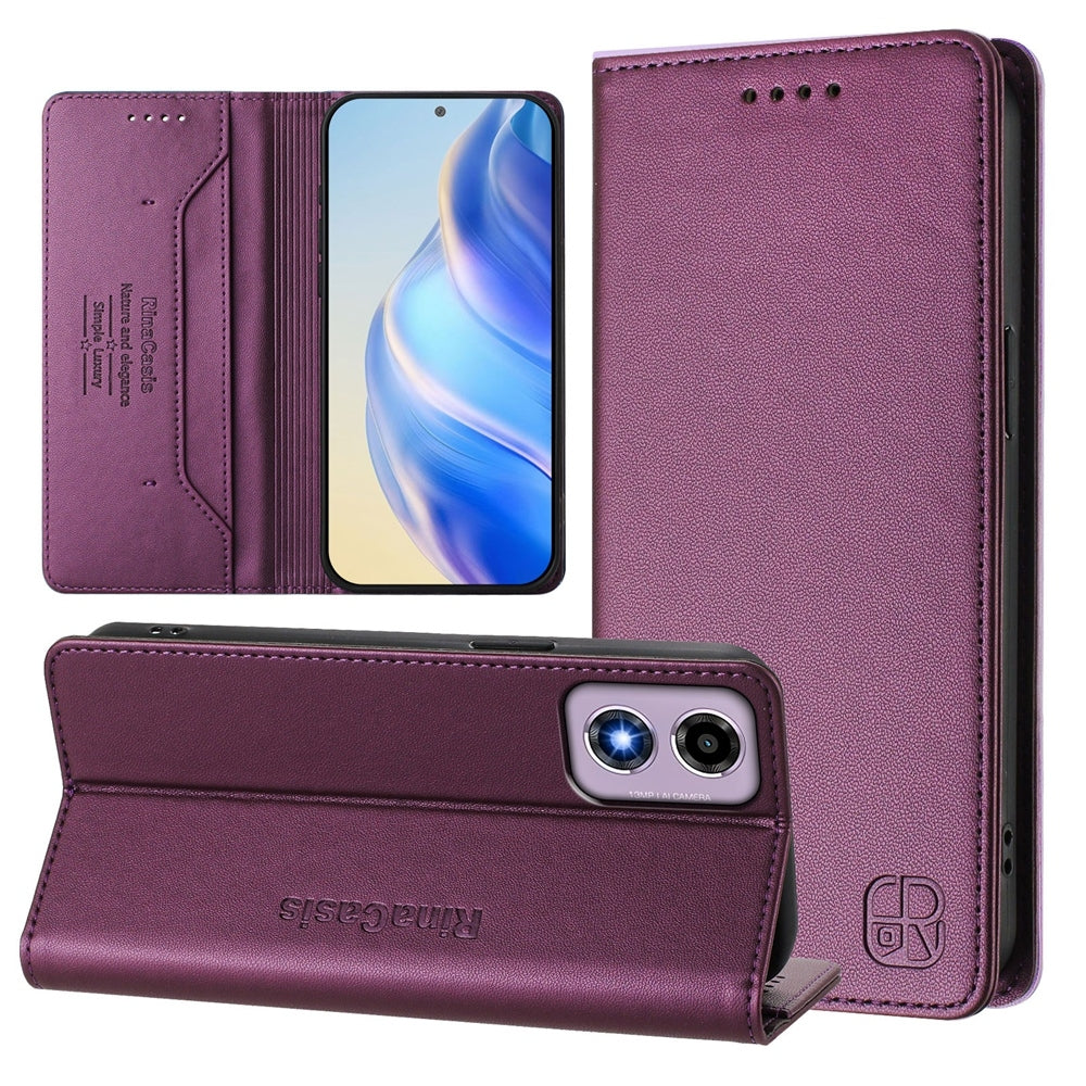 Motorola Moto E14 Dual-Folded Magnetic Suction RFID Blocking PU Leather Wallet Phone Case with Card Slots, Cash Pocket, Kickstand, Full Protective Flip Cover
