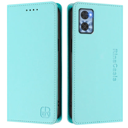 Motorola Moto E22 Dual-Folded Magnetic Suction RFID Blocking PU Leather Wallet Phone Case with Card Slots, Cash Pocket, Kickstand, Full Protective Flip Cover