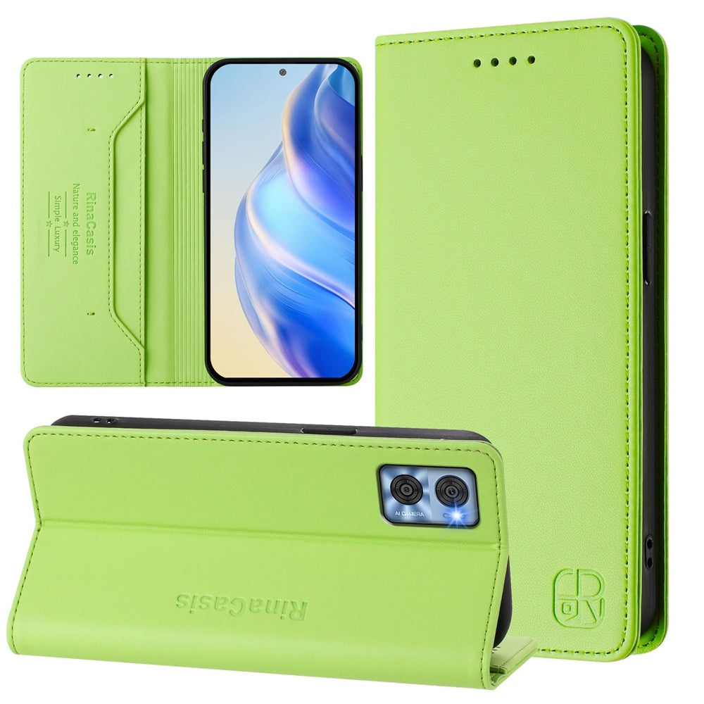 Motorola Moto E22i Dual-Folded Magnetic Suction RFID Blocking PU Leather Wallet Phone Case with Card Slots, Cash Pocket, Kickstand, Full Protective Flip Cover