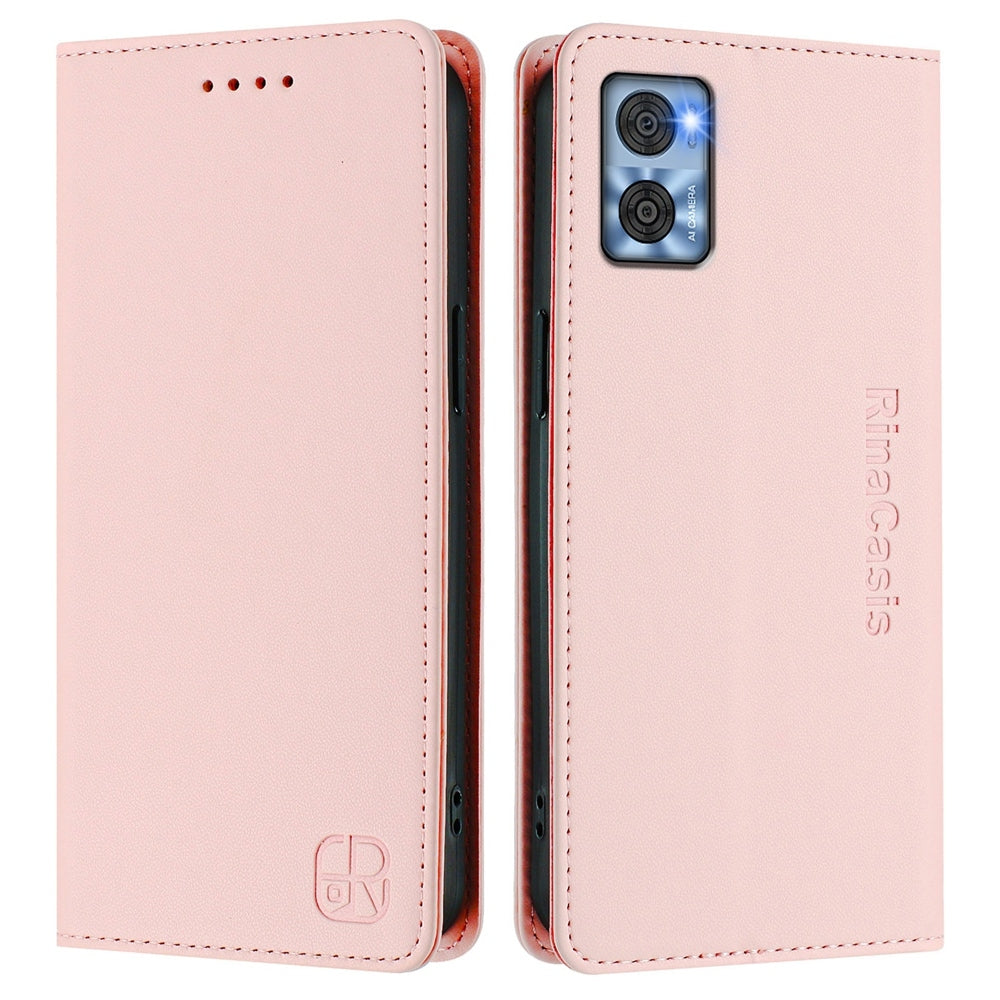 Motorola Moto E22 Dual-Folded Magnetic Suction RFID Blocking PU Leather Wallet Phone Case with Card Slots, Cash Pocket, Kickstand, Full Protective Flip Cover