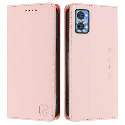 Motorola Moto E22i Dual-Folded Magnetic Suction RFID Blocking PU Leather Wallet Phone Case with Card Slots, Cash Pocket, Kickstand, Full Protective Flip Cover