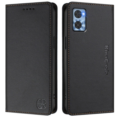 Motorola Moto E22 Dual-Folded Magnetic Suction RFID Blocking PU Leather Wallet Phone Case with Card Slots, Cash Pocket, Kickstand, Full Protective Flip Cover