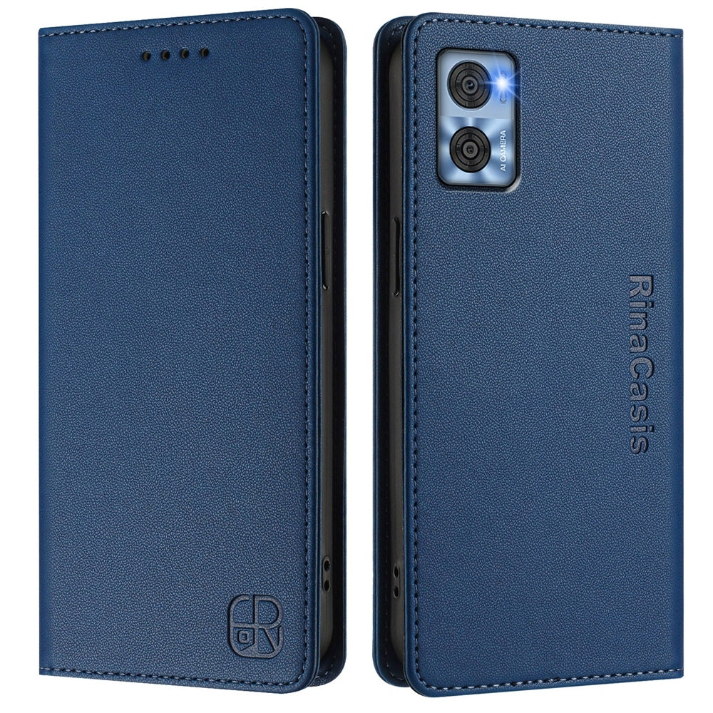Motorola Moto E22 Dual-Folded Magnetic Suction RFID Blocking PU Leather Wallet Phone Case with Card Slots, Cash Pocket, Kickstand, Full Protective Flip Cover