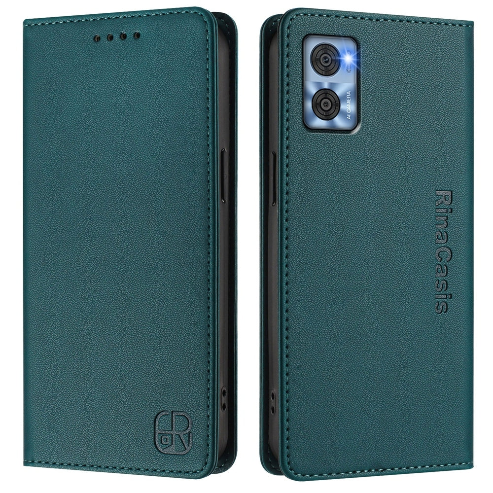 Motorola Moto E22 Dual-Folded Magnetic Suction RFID Blocking PU Leather Wallet Phone Case with Card Slots, Cash Pocket, Kickstand, Full Protective Flip Cover