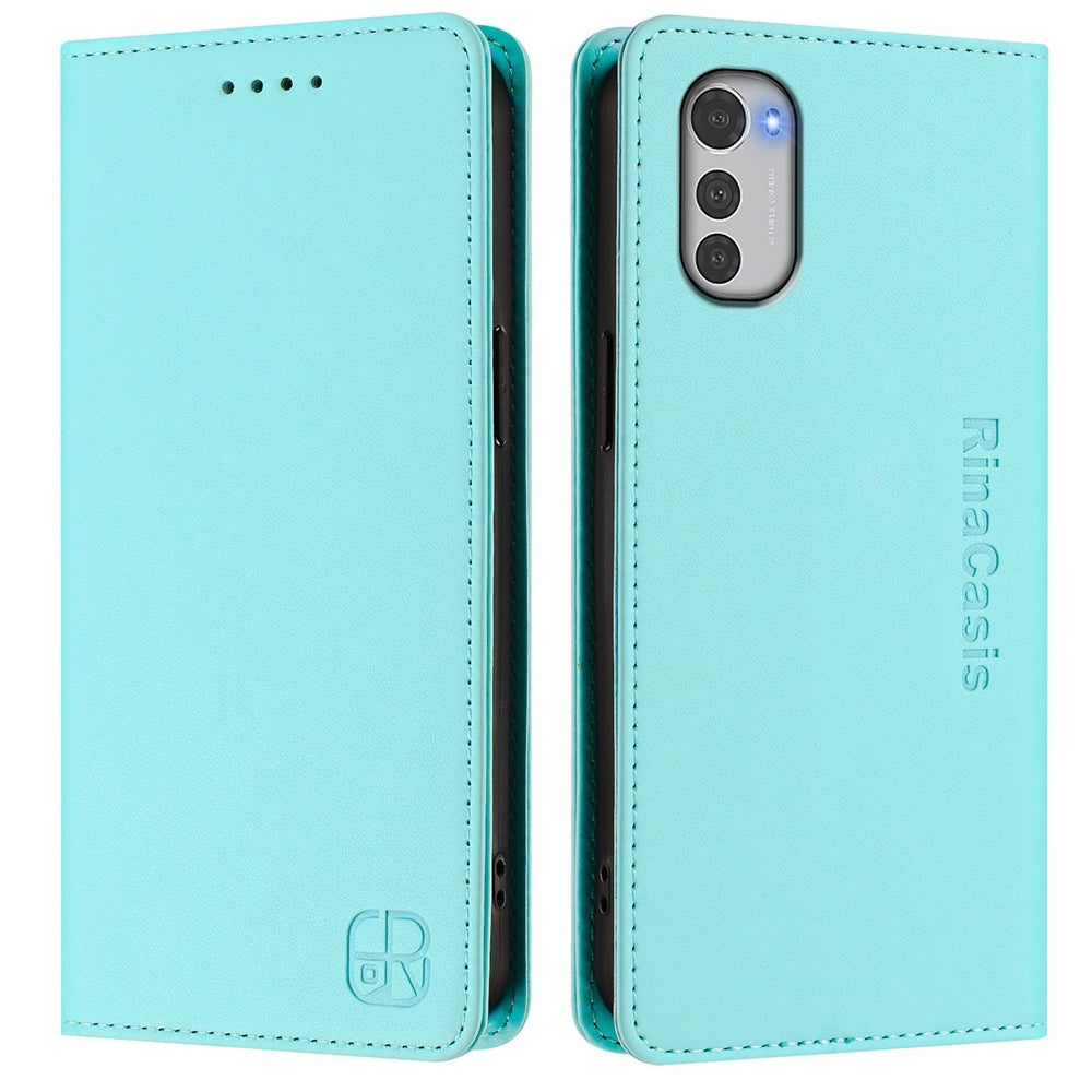 Motorola Moto E32 Dual-Folded Magnetic Suction RFID Blocking PU Leather Wallet Phone Case with Card Slots, Cash Pocket, Kickstand, Full Protective Flip Cover