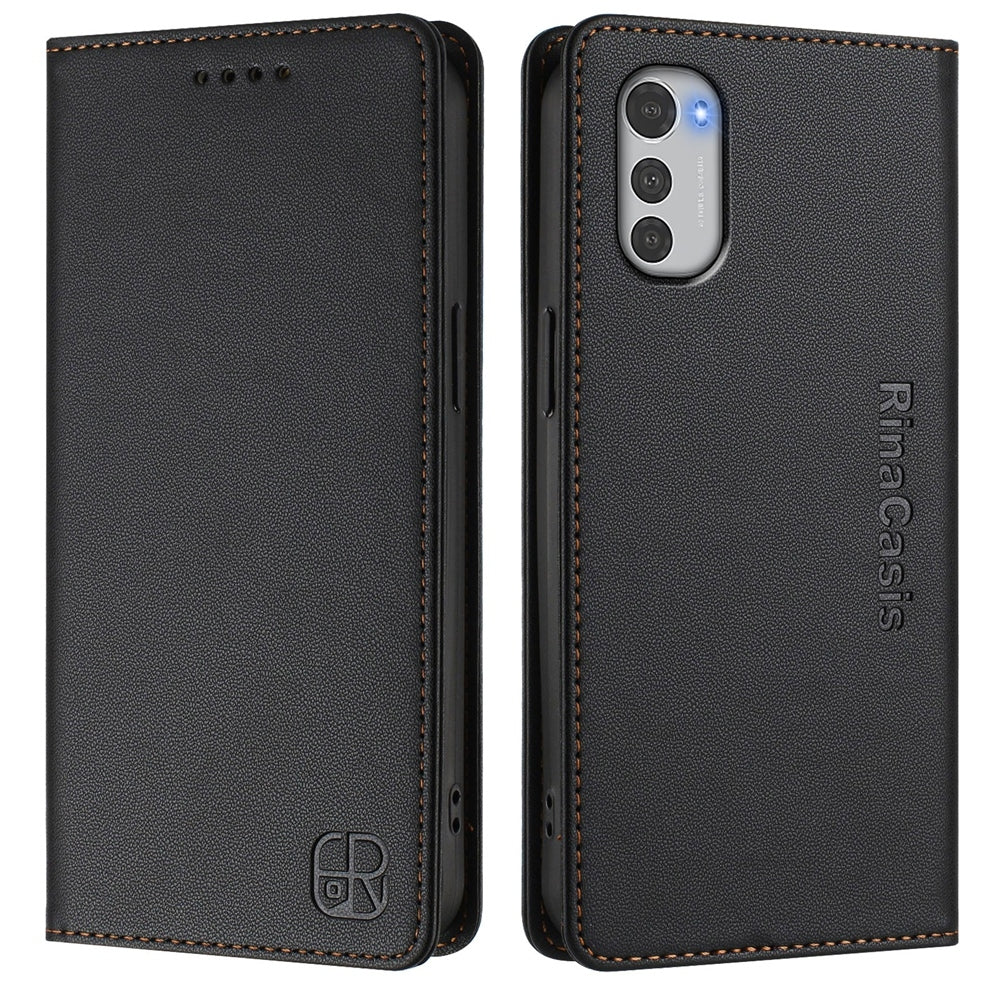 Motorola Moto E32 Dual-Folded Magnetic Suction RFID Blocking PU Leather Wallet Phone Case with Card Slots, Cash Pocket, Kickstand, Full Protective Flip Cover