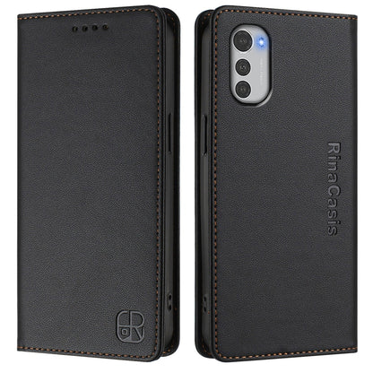 Motorola Moto E32 Dual-Folded Magnetic Suction RFID Blocking PU Leather Wallet Phone Case with Card Slots, Cash Pocket, Kickstand, Full Protective Flip Cover