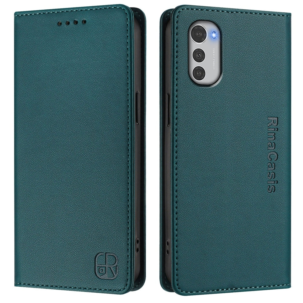 Motorola Moto E32 Dual-Folded Magnetic Suction RFID Blocking PU Leather Wallet Phone Case with Card Slots, Cash Pocket, Kickstand, Full Protective Flip Cover