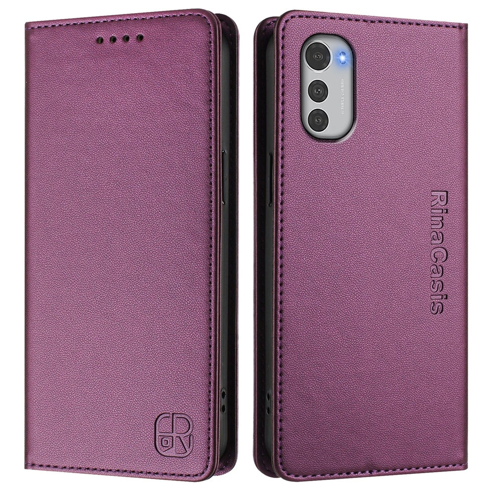 Motorola Moto E32 Dual-Folded Magnetic Suction RFID Blocking PU Leather Wallet Phone Case with Card Slots, Cash Pocket, Kickstand, Full Protective Flip Cover