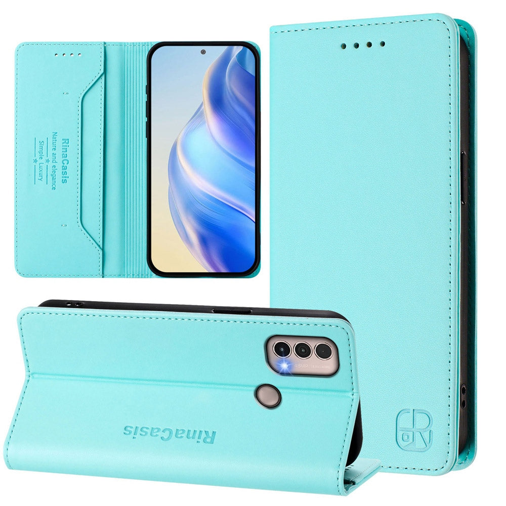 Motorola Moto E40 Dual-Folded Magnetic Suction RFID Blocking PU Leather Wallet Phone Case with Card Slots, Cash Pocket, Kickstand, Full Protective Flip Cover