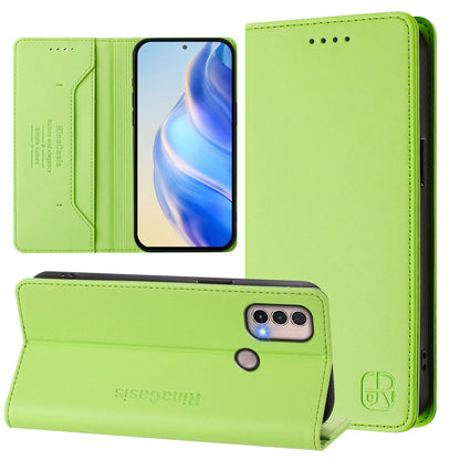 Motorola Moto E40 Dual-Folded Magnetic Suction RFID Blocking PU Leather Wallet Phone Case with Card Slots, Cash Pocket, Kickstand, Full Protective Flip Cover