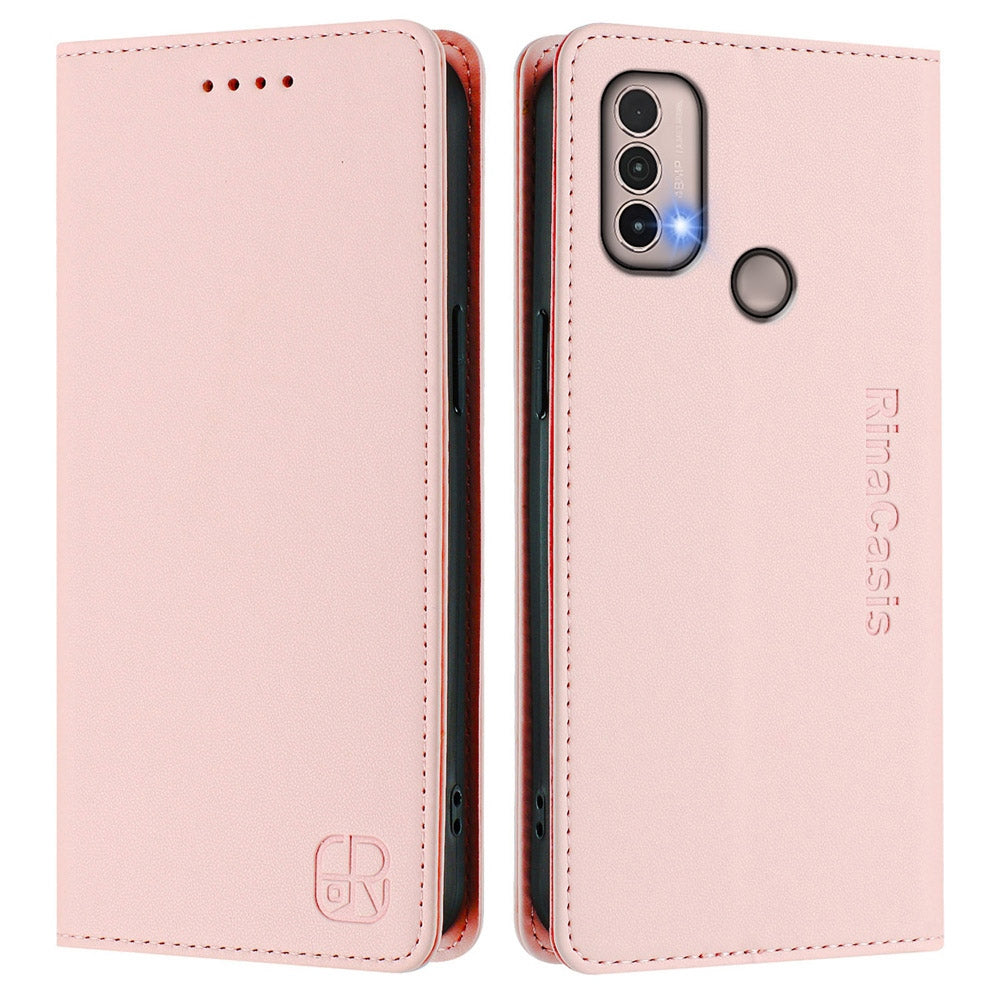 Motorola Moto E20 Dual-Folded Magnetic Suction RFID Blocking PU Leather Wallet Phone Case with Card Slots, Cash Pocket, Kickstand, Full Protective Flip Cover
