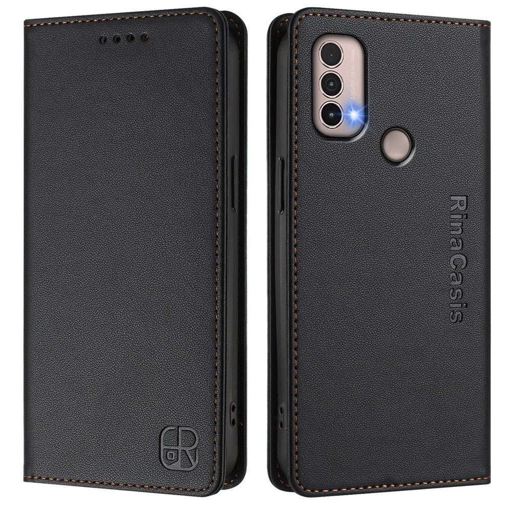 Motorola Moto E40 Dual-Folded Magnetic Suction RFID Blocking PU Leather Wallet Phone Case with Card Slots, Cash Pocket, Kickstand, Full Protective Flip Cover