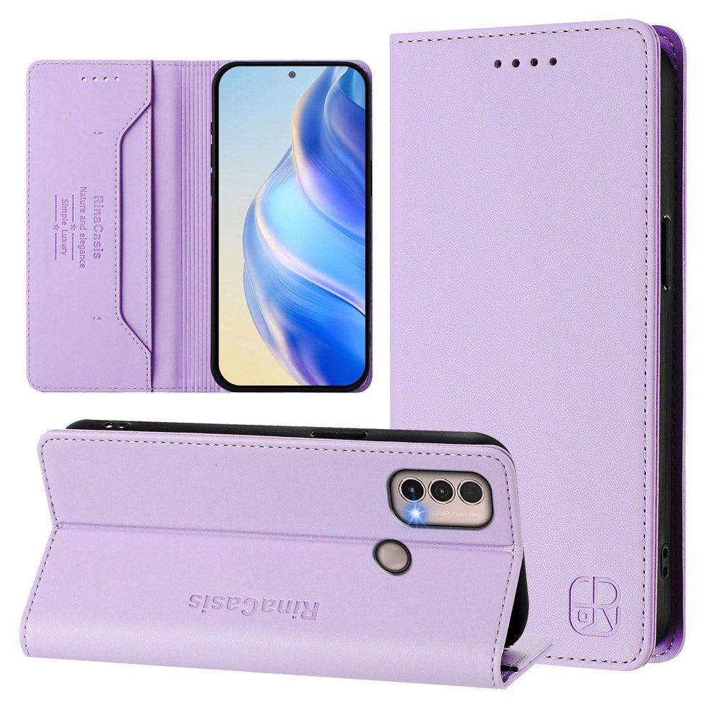 Motorola Moto E40 Dual-Folded Magnetic Suction RFID Blocking PU Leather Wallet Phone Case with Card Slots, Cash Pocket, Kickstand, Full Protective Flip Cover