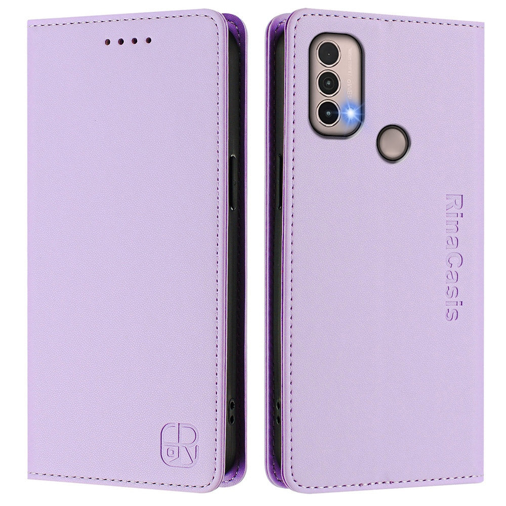 Motorola Moto E20 Dual-Folded Magnetic Suction RFID Blocking PU Leather Wallet Phone Case with Card Slots, Cash Pocket, Kickstand, Full Protective Flip Cover