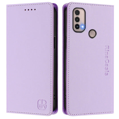 Motorola Moto E20 Dual-Folded Magnetic Suction RFID Blocking PU Leather Wallet Phone Case with Card Slots, Cash Pocket, Kickstand, Full Protective Flip Cover