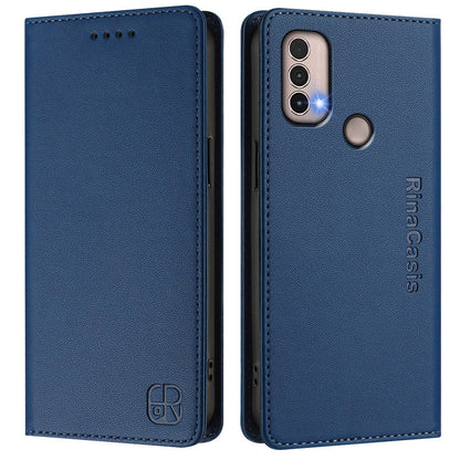 Motorola Moto E20 Dual-Folded Magnetic Suction RFID Blocking PU Leather Wallet Phone Case with Card Slots, Cash Pocket, Kickstand, Full Protective Flip Cover