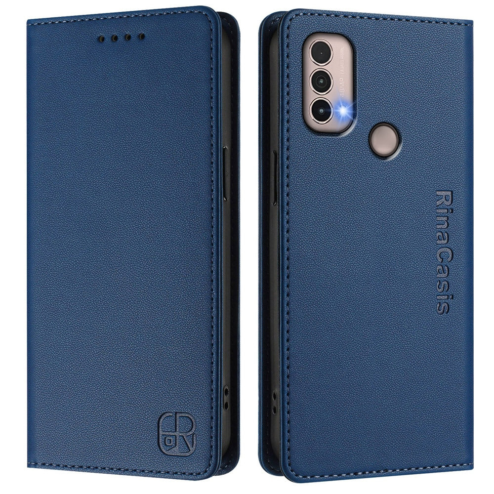 Motorola Moto E30 Dual-Folded Magnetic Suction RFID Blocking PU Leather Wallet Phone Case with Card Slots, Cash Pocket, Kickstand, Full Protective Flip Cover