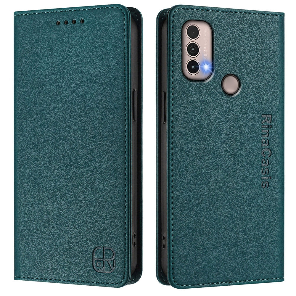 Motorola Moto E30 Dual-Folded Magnetic Suction RFID Blocking PU Leather Wallet Phone Case with Card Slots, Cash Pocket, Kickstand, Full Protective Flip Cover
