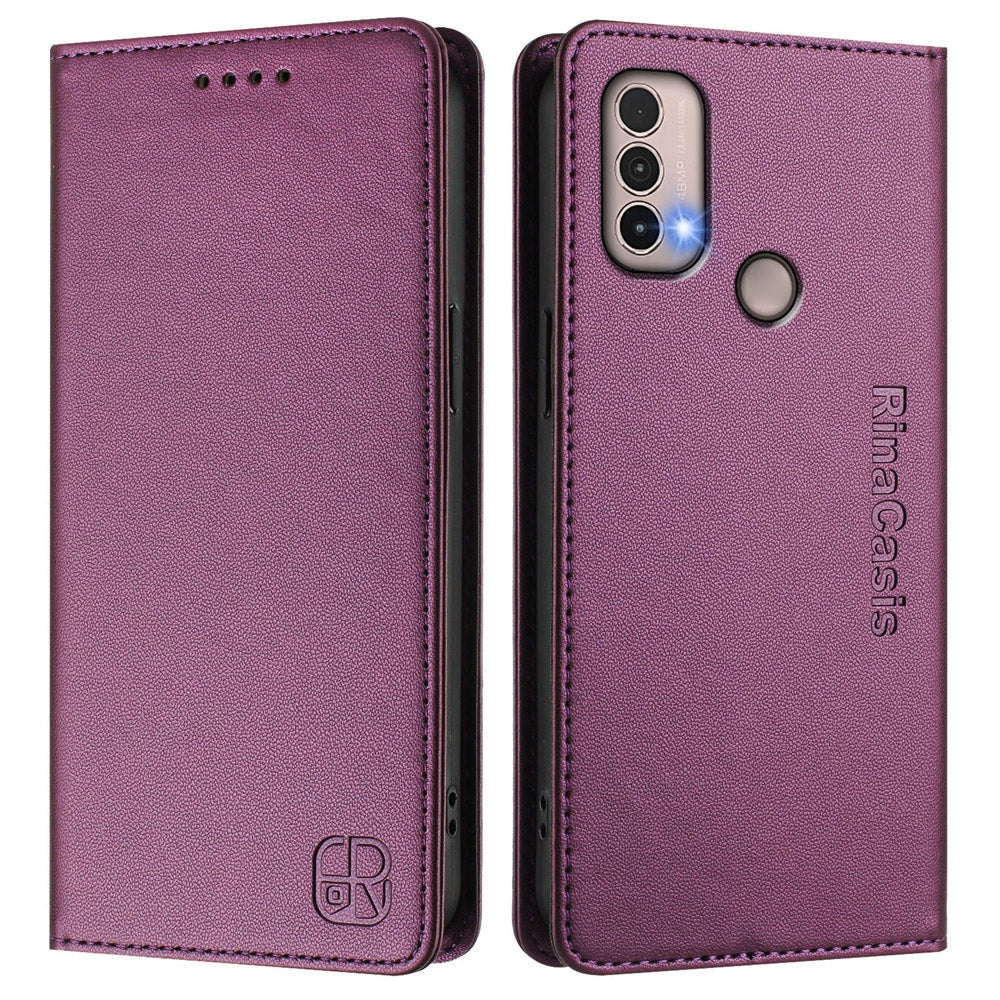 Motorola Moto E20 Dual-Folded Magnetic Suction RFID Blocking PU Leather Wallet Phone Case with Card Slots, Cash Pocket, Kickstand, Full Protective Flip Cover