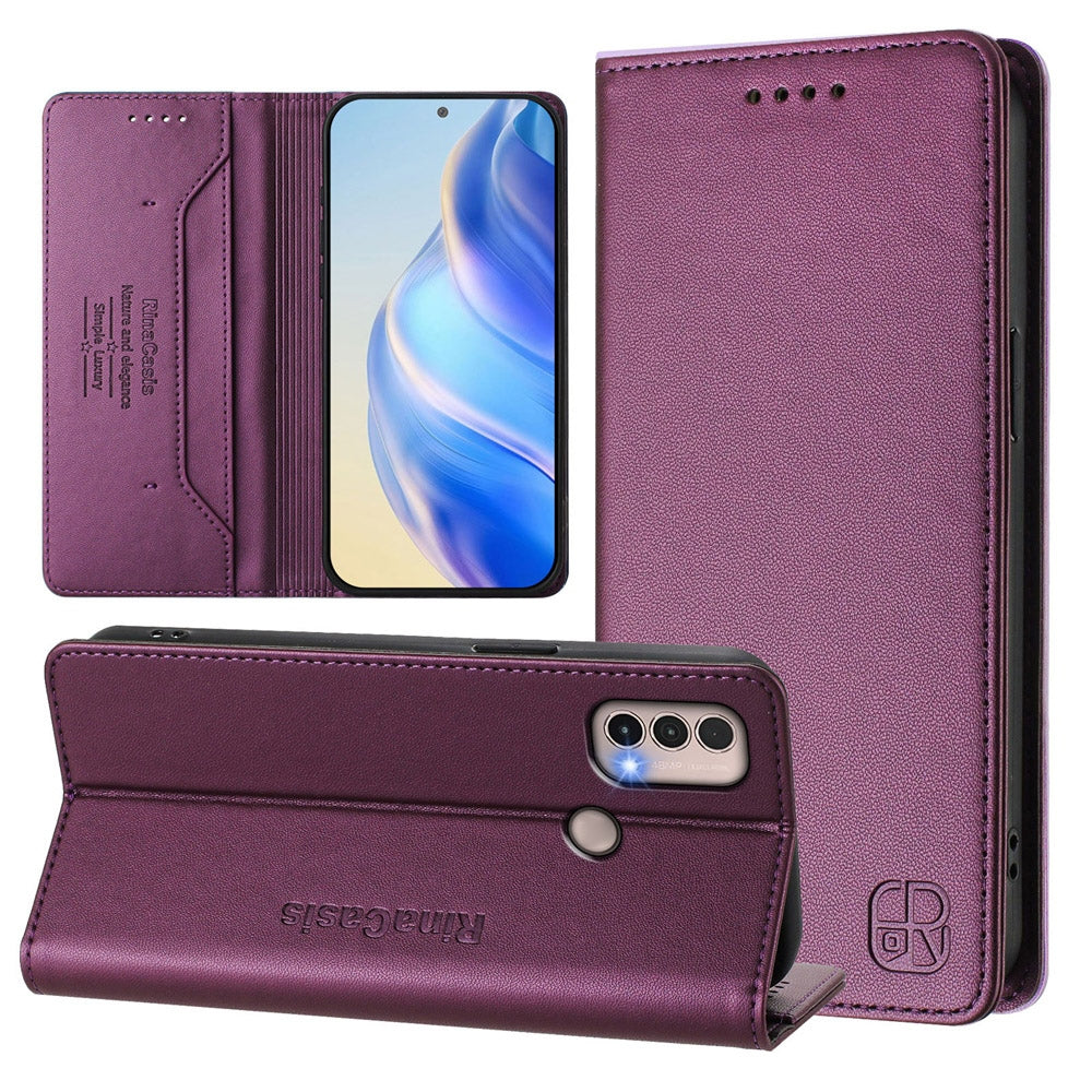 Motorola Moto E20 Dual-Folded Magnetic Suction RFID Blocking PU Leather Wallet Phone Case with Card Slots, Cash Pocket, Kickstand, Full Protective Flip Cover