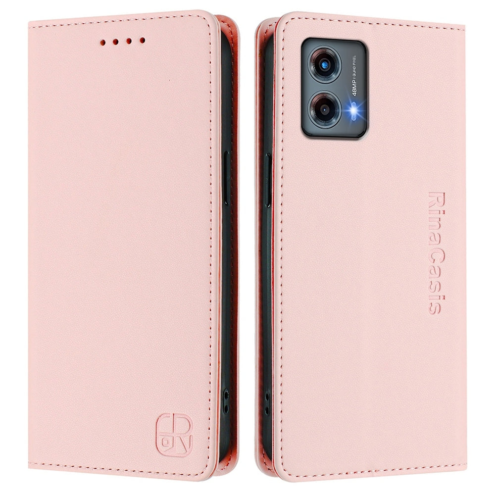 Motorola Moto G 5G 2023 Dual-Folded Magnetic Suction RFID Blocking PU Leather Wallet Phone Case with Card Slots, Cash Pocket, Kickstand, Full Protective Flip Cover