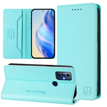 Motorola Moto G Play 2022 Dual-Folded Magnetic Suction RFID Blocking PU Leather Wallet Phone Case with Card Slots, Cash Pocket, Kickstand, Full Protective Flip Cover