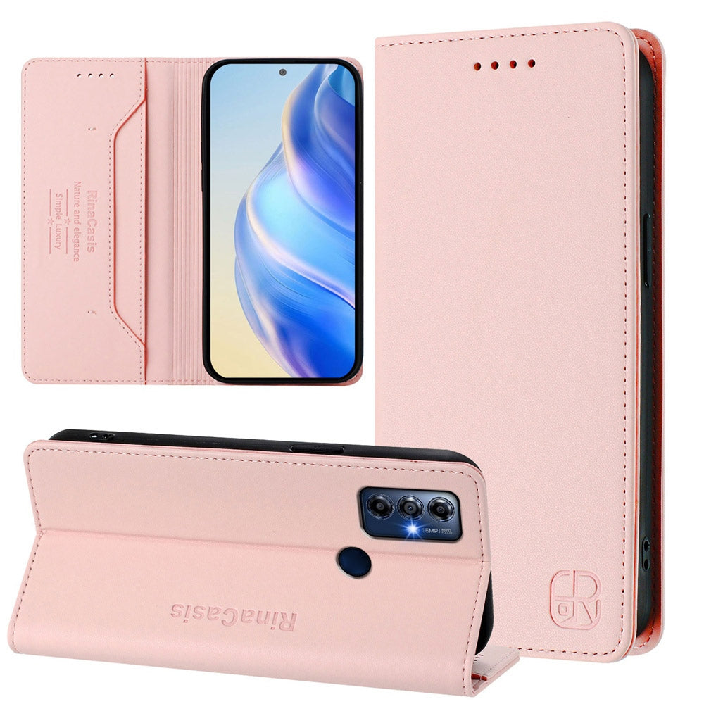 Motorola Moto G Play 2022 Dual-Folded Magnetic Suction RFID Blocking PU Leather Wallet Phone Case with Card Slots, Cash Pocket, Kickstand, Full Protective Flip Cover
