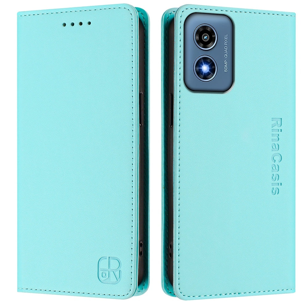 Motorola Moto G Play 2024 Dual-Folded Magnetic Suction RFID Blocking PU Leather Wallet Phone Case with Card Slots, Cash Pocket, Kickstand, Full Protective Flip Cover