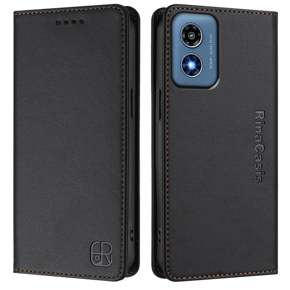 Motorola Moto G Play 2024 Dual-Folded Magnetic Suction RFID Blocking PU Leather Wallet Phone Case with Card Slots, Cash Pocket, Kickstand, Full Protective Flip Cover