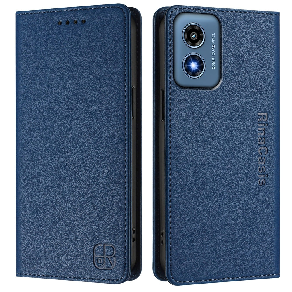 Motorola Moto G Play 2024 Dual-Folded Magnetic Suction RFID Blocking PU Leather Wallet Phone Case with Card Slots, Cash Pocket, Kickstand, Full Protective Flip Cover