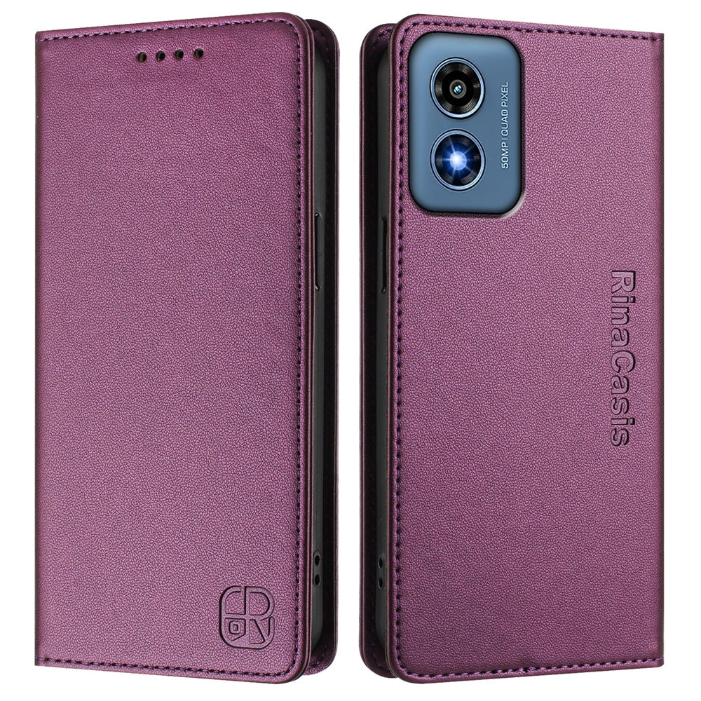 Motorola Moto G Play 2024 Dual-Folded Magnetic Suction RFID Blocking PU Leather Wallet Phone Case with Card Slots, Cash Pocket, Kickstand, Full Protective Flip Cover