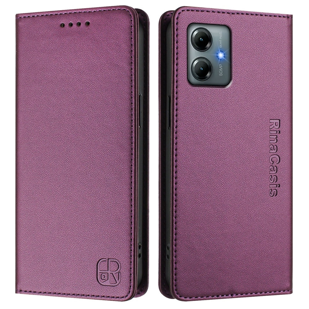 Motorola Moto G Play 2025 Dual-Folded Magnetic Suction RFID Blocking PU Leather Wallet Phone Case with Card Slots, Cash Pocket, Kickstand, Full Protective Flip Cover