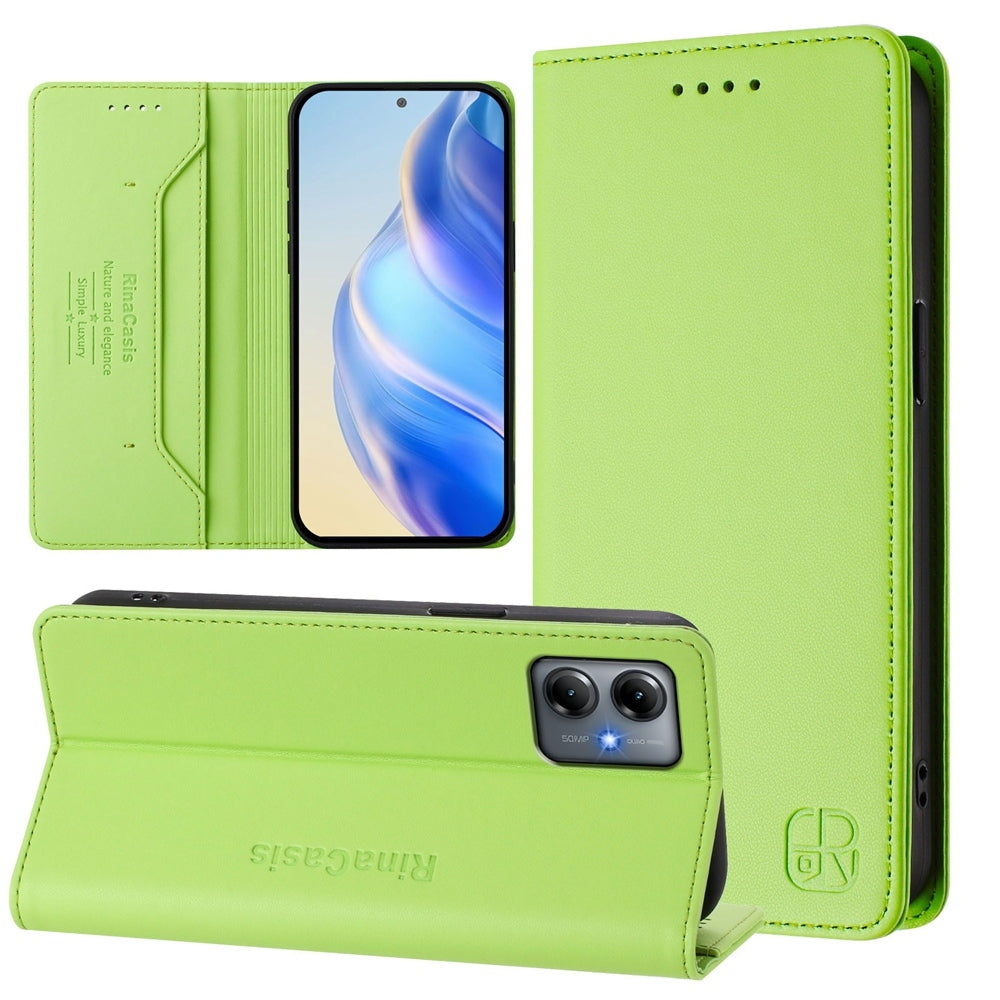 Motorola Moto G14 Dual-Folded Magnetic Suction RFID Blocking PU Leather Wallet Phone Case with Card Slots, Cash Pocket, Kickstand, Full Protective Flip Cover