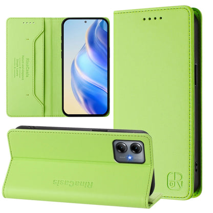 Motorola Moto G14 Dual-Folded Magnetic Suction RFID Blocking PU Leather Wallet Phone Case with Card Slots, Cash Pocket, Kickstand, Full Protective Flip Cover