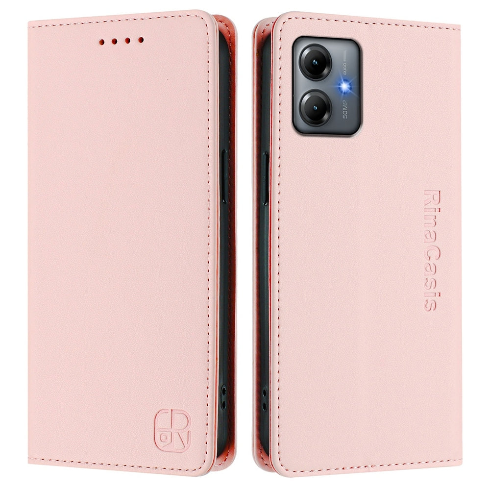 Motorola Moto G54 Brazil Dual-Folded Magnetic Suction RFID Blocking PU Leather Wallet Phone Case with Card Slots, Cash Pocket, Kickstand, Full Protective Flip Cover