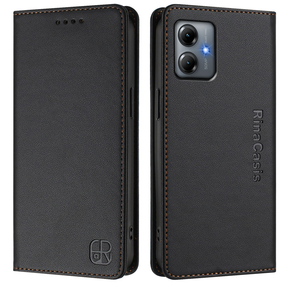 Motorola Moto G54 Brazil Dual-Folded Magnetic Suction RFID Blocking PU Leather Wallet Phone Case with Card Slots, Cash Pocket, Kickstand, Full Protective Flip Cover
