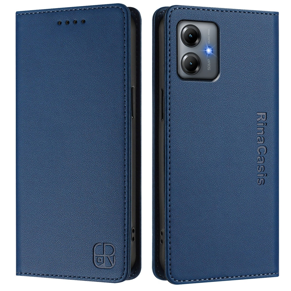 Motorola Moto G54 Brazil Dual-Folded Magnetic Suction RFID Blocking PU Leather Wallet Phone Case with Card Slots, Cash Pocket, Kickstand, Full Protective Flip Cover