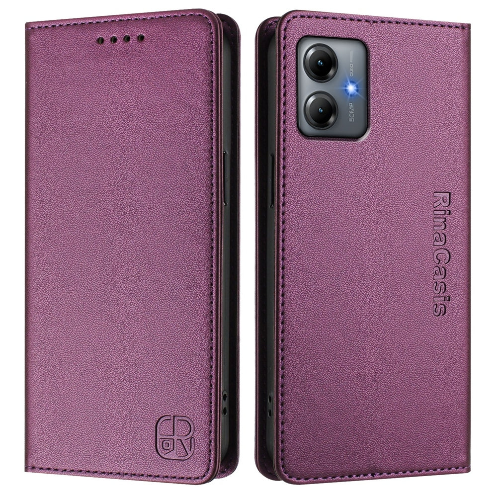 Motorola Moto G54 Brazil Dual-Folded Magnetic Suction RFID Blocking PU Leather Wallet Phone Case with Card Slots, Cash Pocket, Kickstand, Full Protective Flip Cover