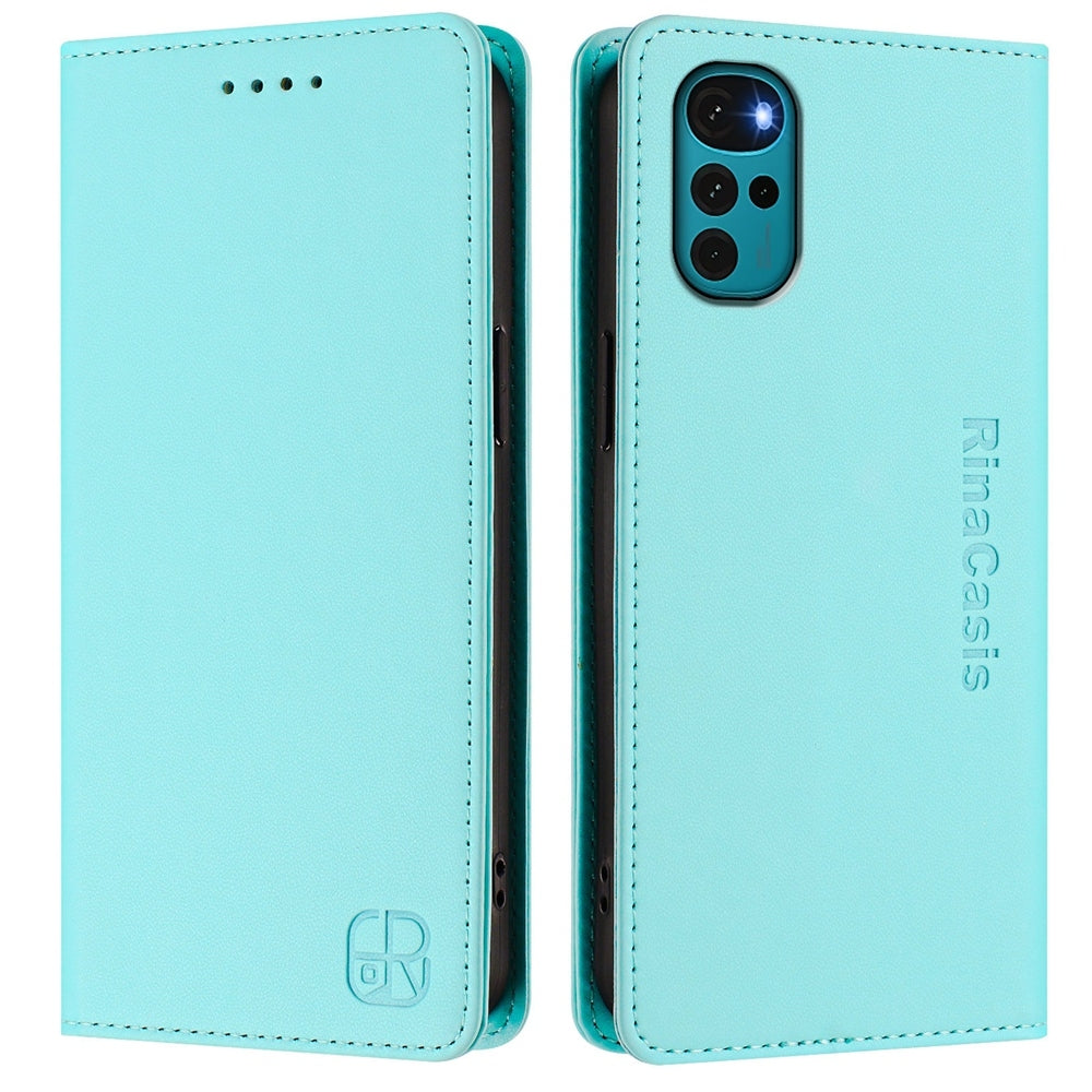 Motorola Moto E32s Dual-Folded Magnetic Suction RFID Blocking PU Leather Wallet Phone Case with Card Slots, Cash Pocket, Kickstand, Full Protective Flip Cover