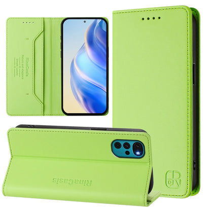 Motorola Moto E32s Dual-Folded Magnetic Suction RFID Blocking PU Leather Wallet Phone Case with Card Slots, Cash Pocket, Kickstand, Full Protective Flip Cover