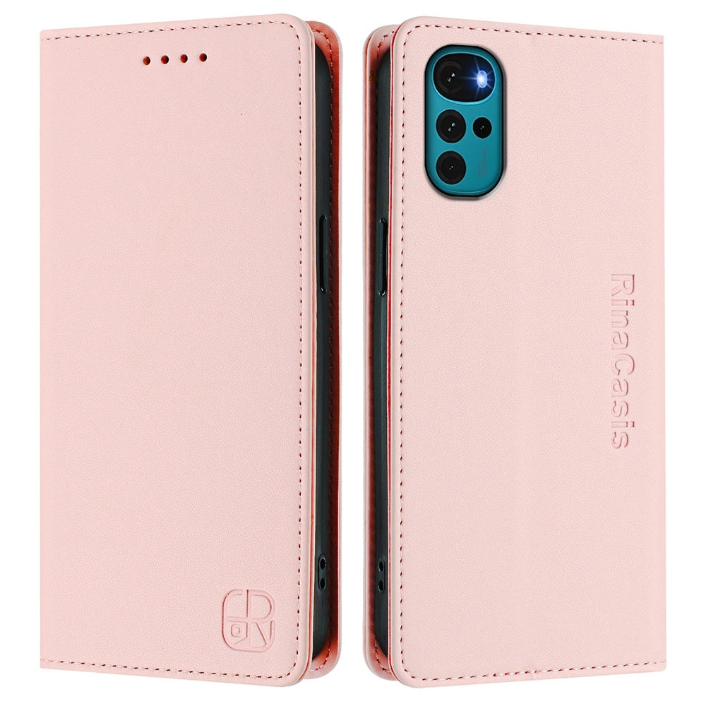Motorola Moto E32s Dual-Folded Magnetic Suction RFID Blocking PU Leather Wallet Phone Case with Card Slots, Cash Pocket, Kickstand, Full Protective Flip Cover
