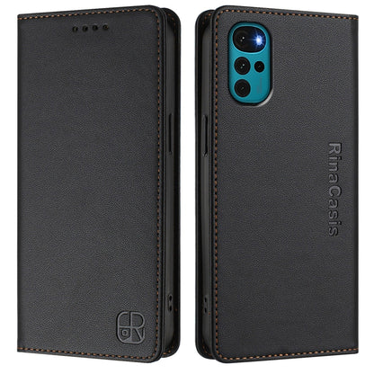 Motorola Moto E32s Dual-Folded Magnetic Suction RFID Blocking PU Leather Wallet Phone Case with Card Slots, Cash Pocket, Kickstand, Full Protective Flip Cover