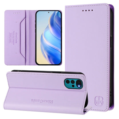 Motorola Moto E32s Dual-Folded Magnetic Suction RFID Blocking PU Leather Wallet Phone Case with Card Slots, Cash Pocket, Kickstand, Full Protective Flip Cover