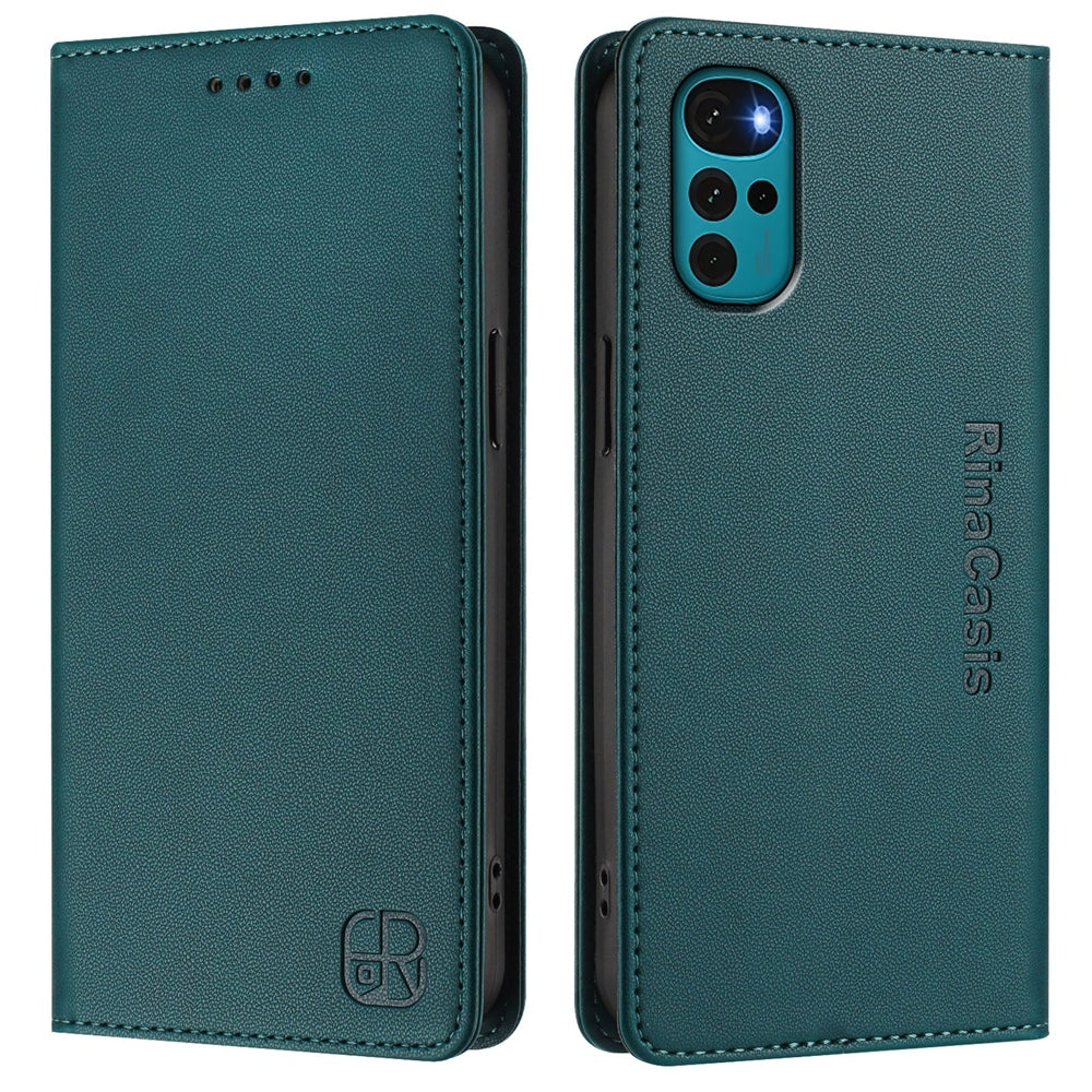 Motorola Moto E32s Dual-Folded Magnetic Suction RFID Blocking PU Leather Wallet Phone Case with Card Slots, Cash Pocket, Kickstand, Full Protective Flip Cover