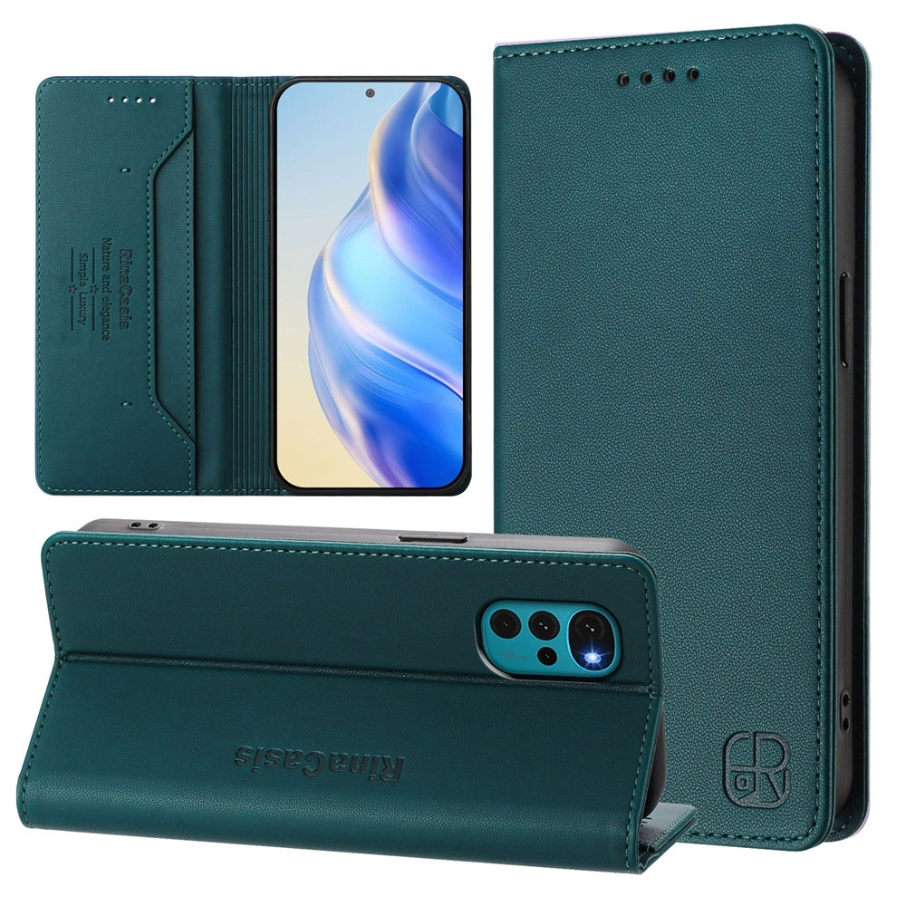 Motorola Moto E32s Dual-Folded Magnetic Suction RFID Blocking PU Leather Wallet Phone Case with Card Slots, Cash Pocket, Kickstand, Full Protective Flip Cover