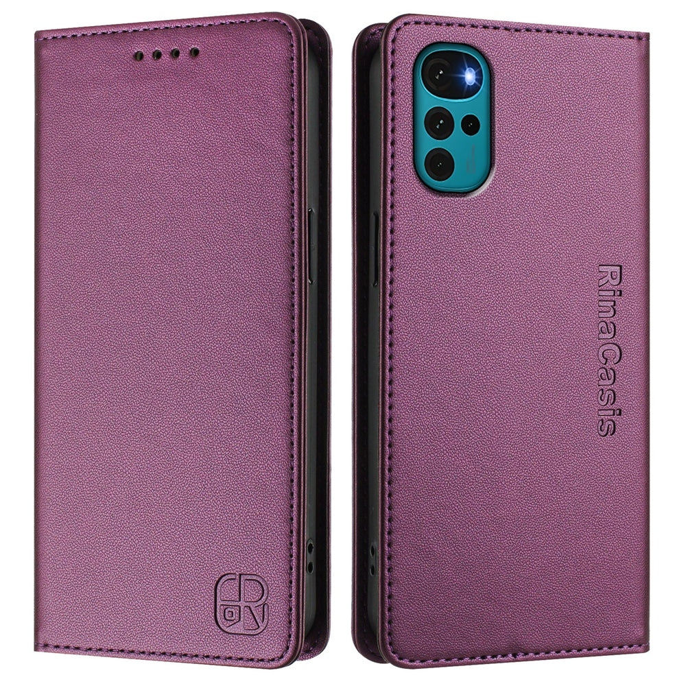 Motorola Moto G22 Dual-Folded Magnetic Suction RFID Blocking PU Leather Wallet Phone Case with Card Slots, Cash Pocket, Kickstand, Full Protective Flip Cover